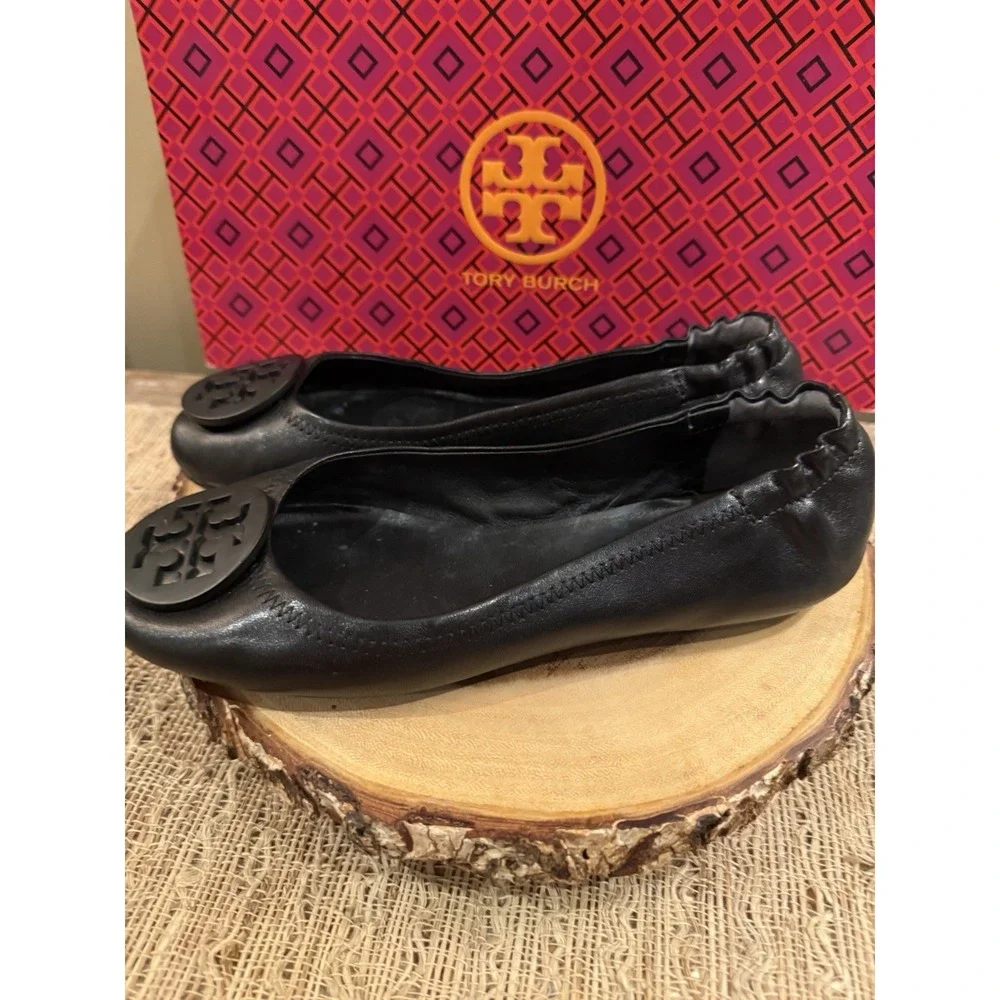 Tory Burch Minnie Travel Matte Black Leather Round Toe Ballet Flats Size 6.5